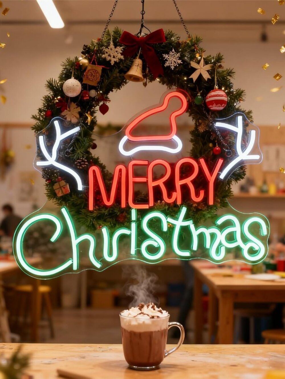 NEW Merry Christmas Antlers Santa Hat LED Neon Sign USB 16.5 x 12.6